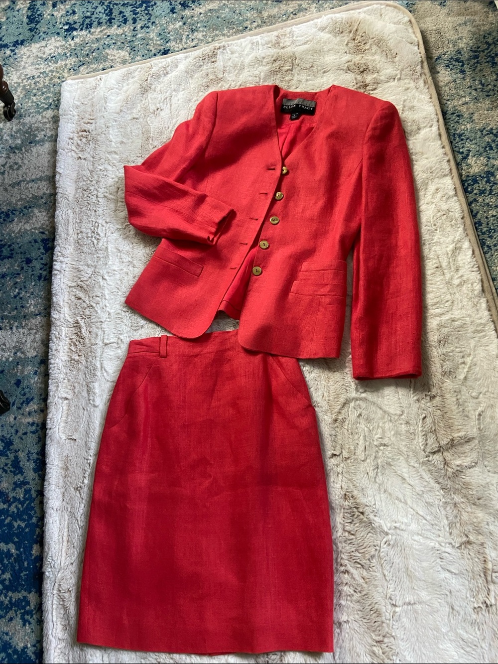 Vintage 100% Linen Ellen Tracy Red Two-Piece Skirt Suit Jacket